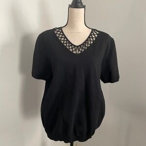 Alfred Dunner Black Short Sleeve V Neck‎ Embellished Sequin Knit Top Women's L